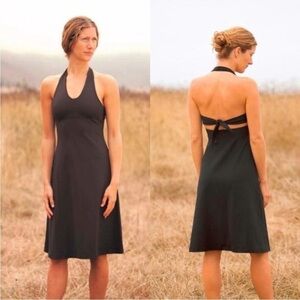 Patagonia Morning Glory Halter Black Dress Tie Logo Gorpcore Back Cutout, size S